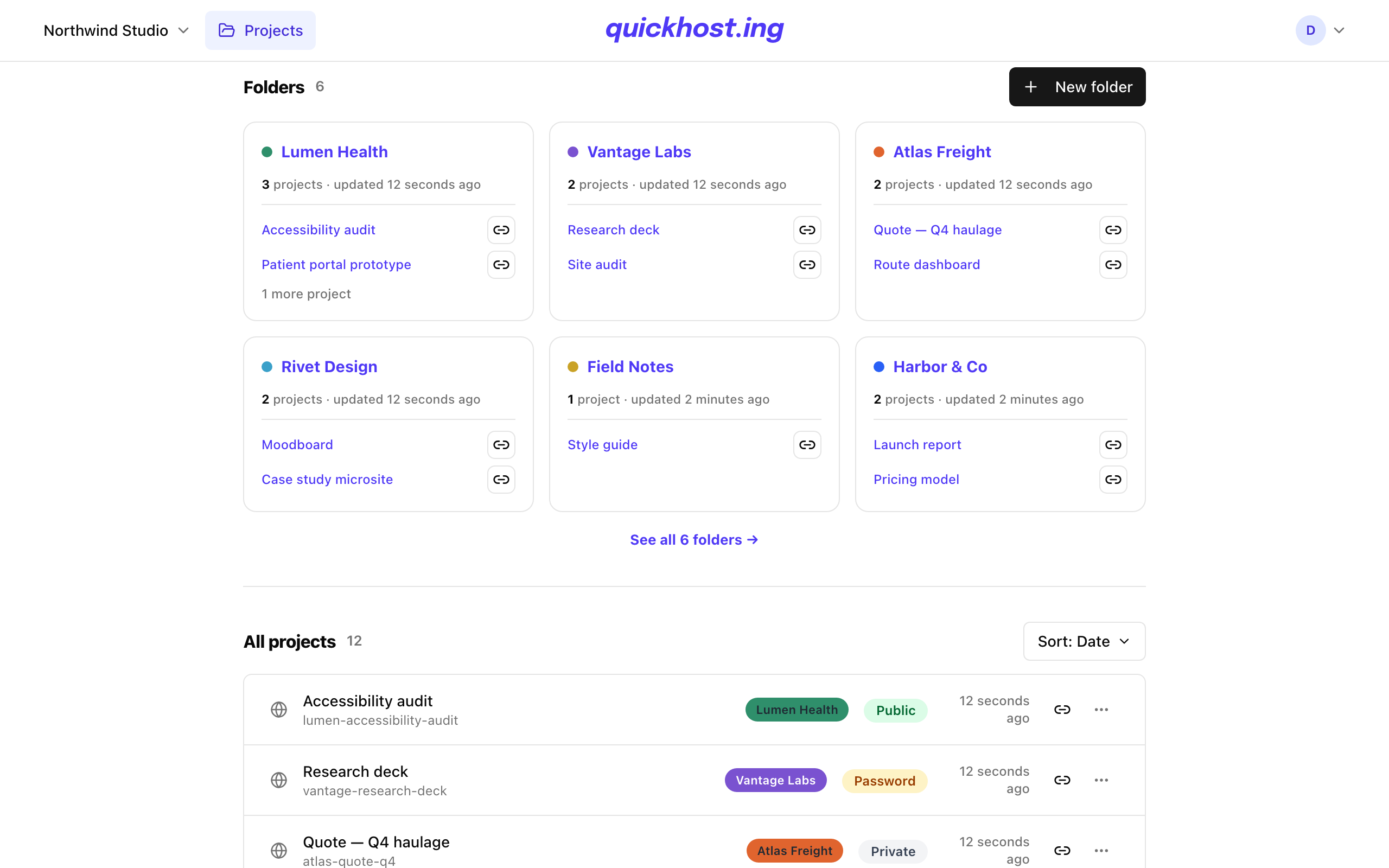 The QuickHost dashboard: a dashed drop zone above a grid of colour-coded client folders, with a list of recent projects showing their slugs, folders, and visibility.